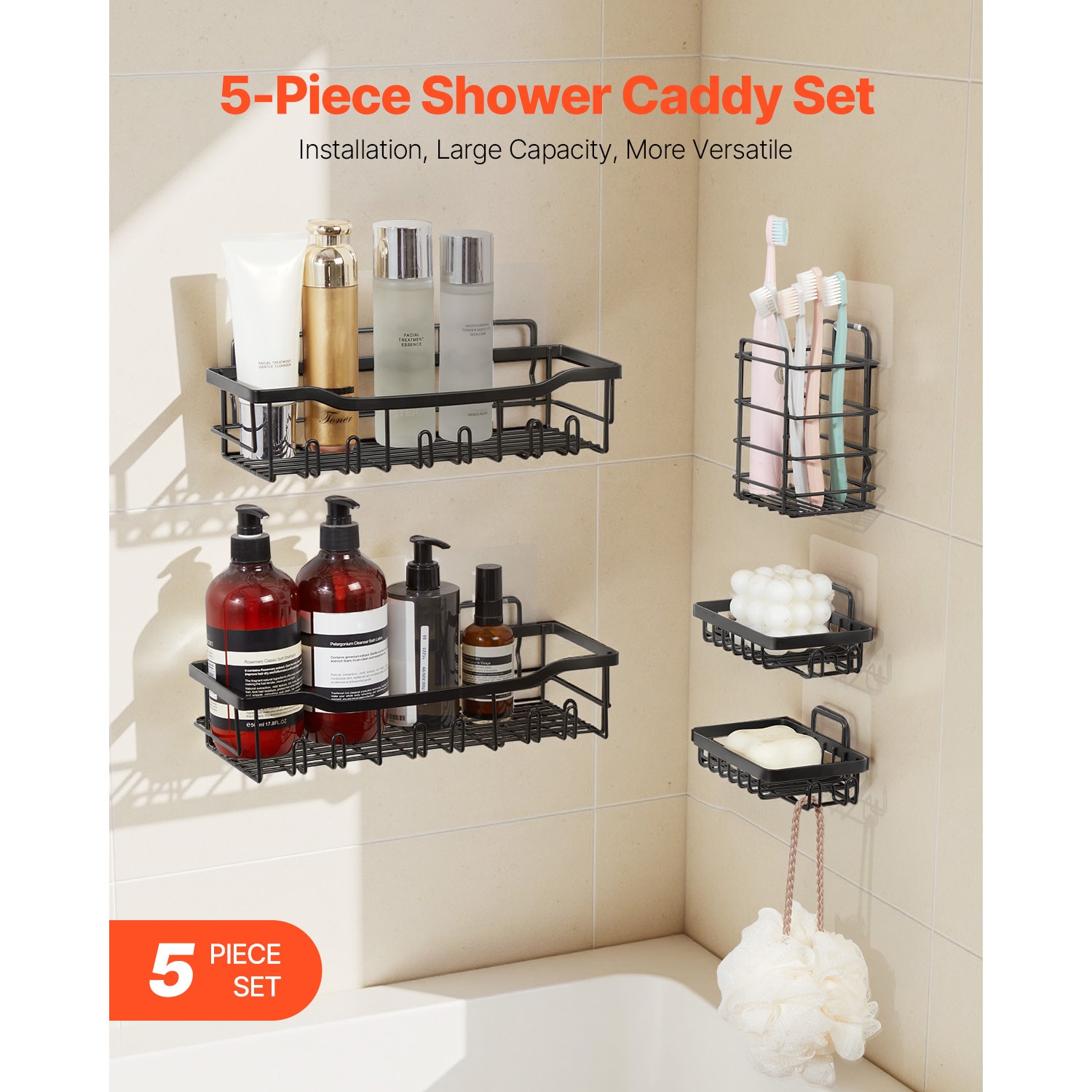 Shower Caddy 5 Pack Adhesive Bathroom Shower Storage Organization Shelves Rack_voghion.com